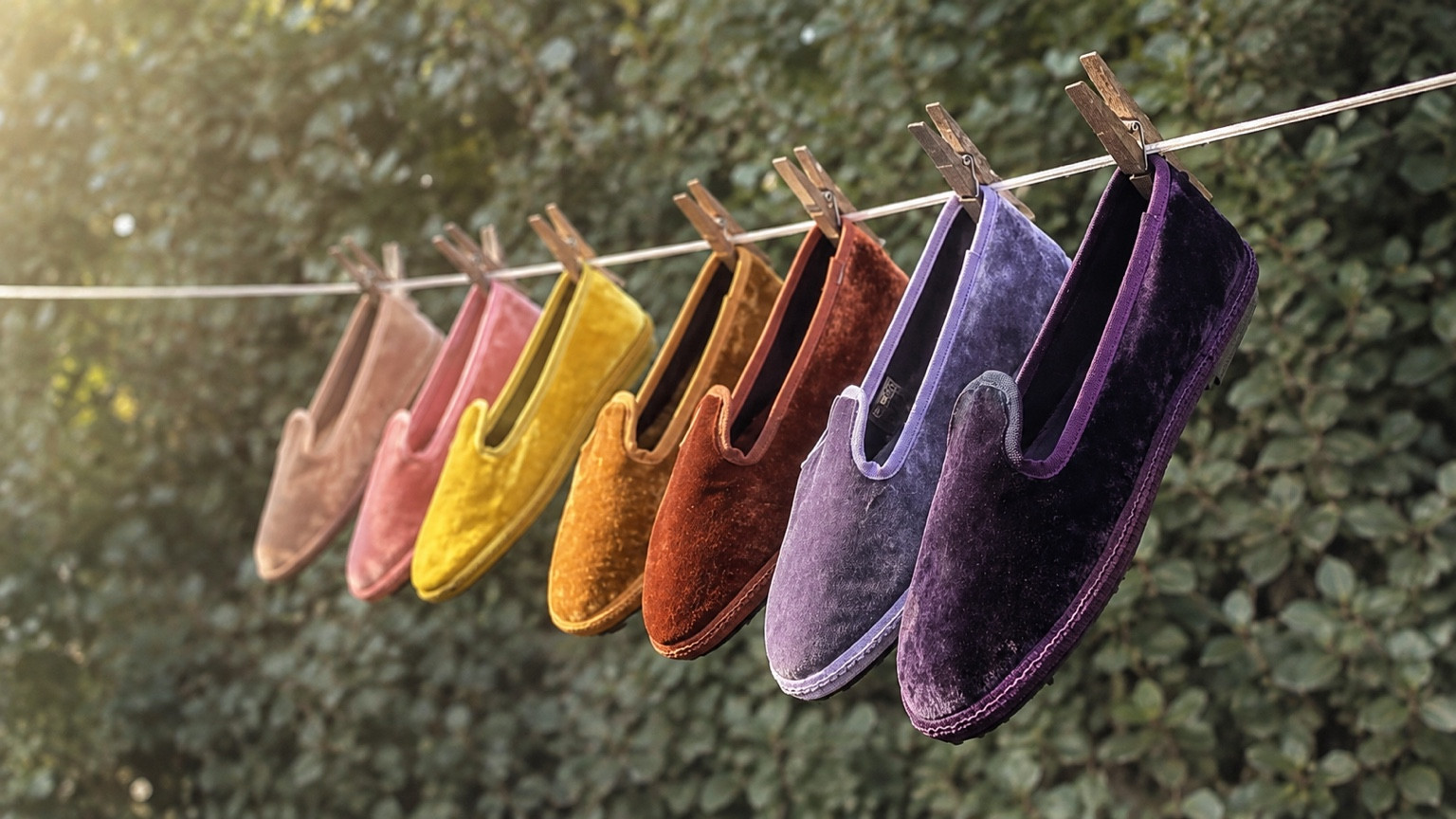 Friulane artigianali in velluto colorato appese all'aperto